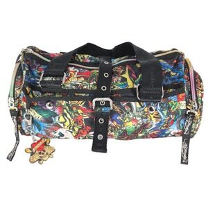 VTG Ed Hardy Tattoo Print Nylon Barrel Duffel Bag Multicolor Y2K Rock Skull Rose